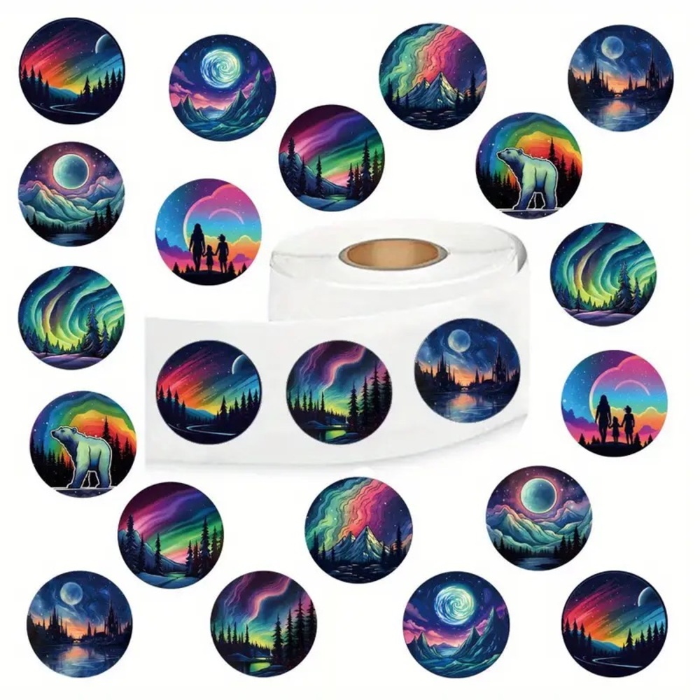 500 Piece 1” Aurora Borealis Sticker Roll - 10 Unique Patterns - Sealed